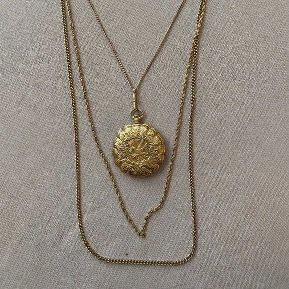 VTG 70s Goldette Statement Pendant Layered Necklace Pocket Watch Style Locket - Picture 3 of 9